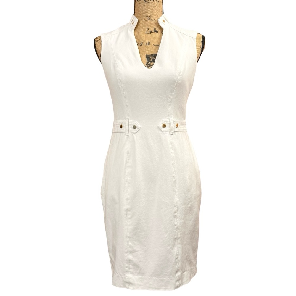Caché Y2K Gold Studded White Mock V-Neck Dress